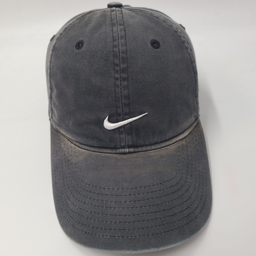 Vintage Nike Hat Strapback (Fits Small) Black White Swoosh Logo Distressed Men